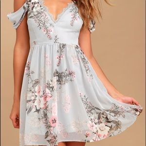 Lulu’s Verona Light Blue Floral Print Off-the-Shoulder Lace Dress